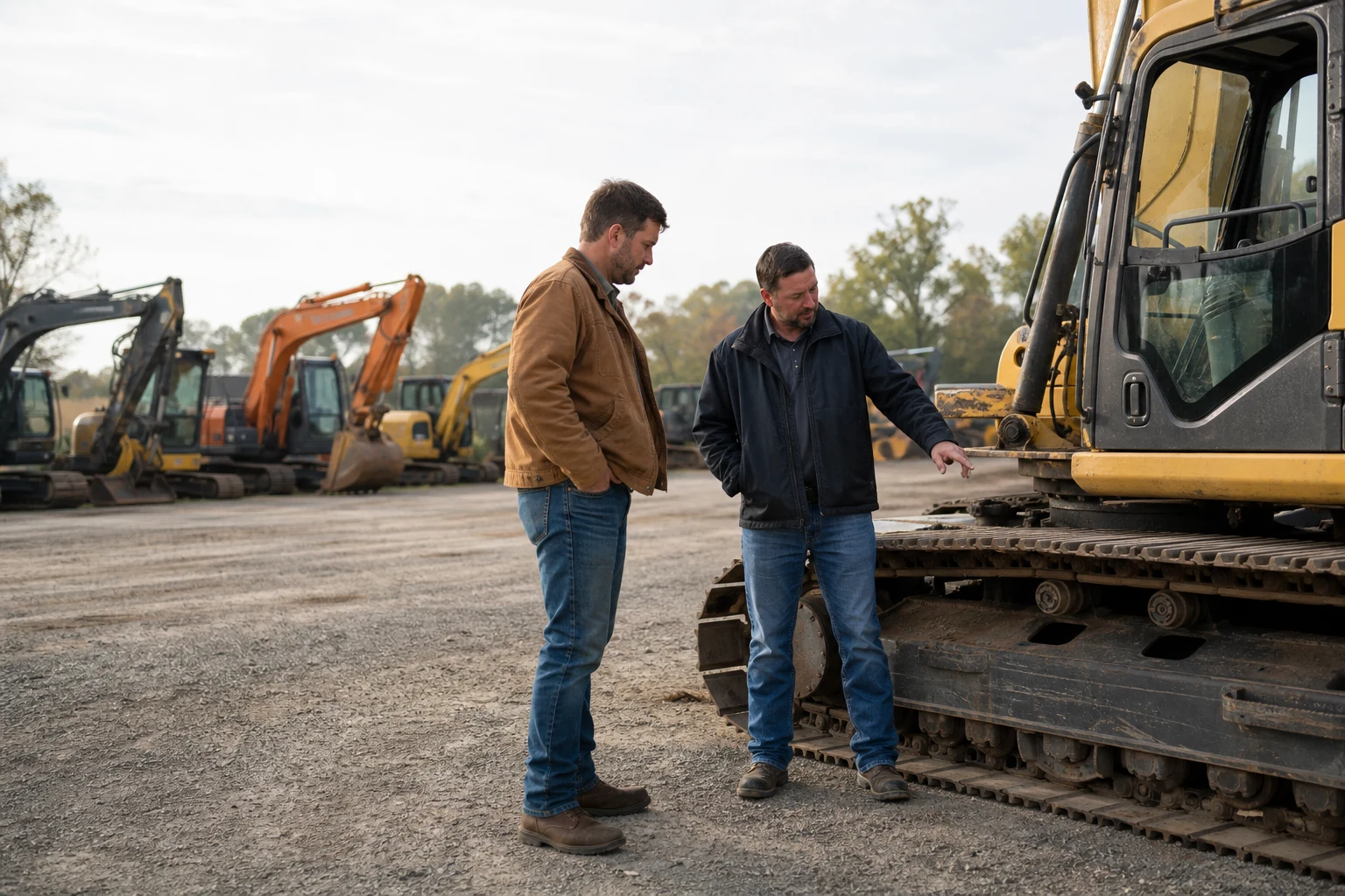 A buyer and equipment representative reviewing an excavator together in the dealership yard